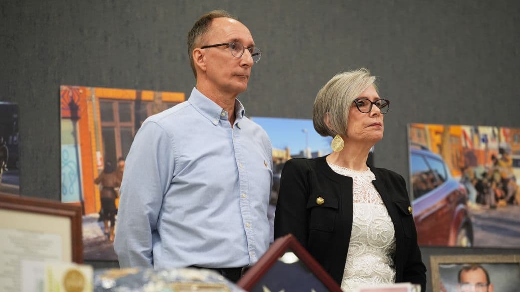 Michael Pretti and Susan Pretti, parents of Alex Pretti, who was killed by federal immigration agents in January, listen during a news conference, Tuesday, Oct. 27, 2026, in Minneapolis. (AP Photo/Ellen Schmidt)