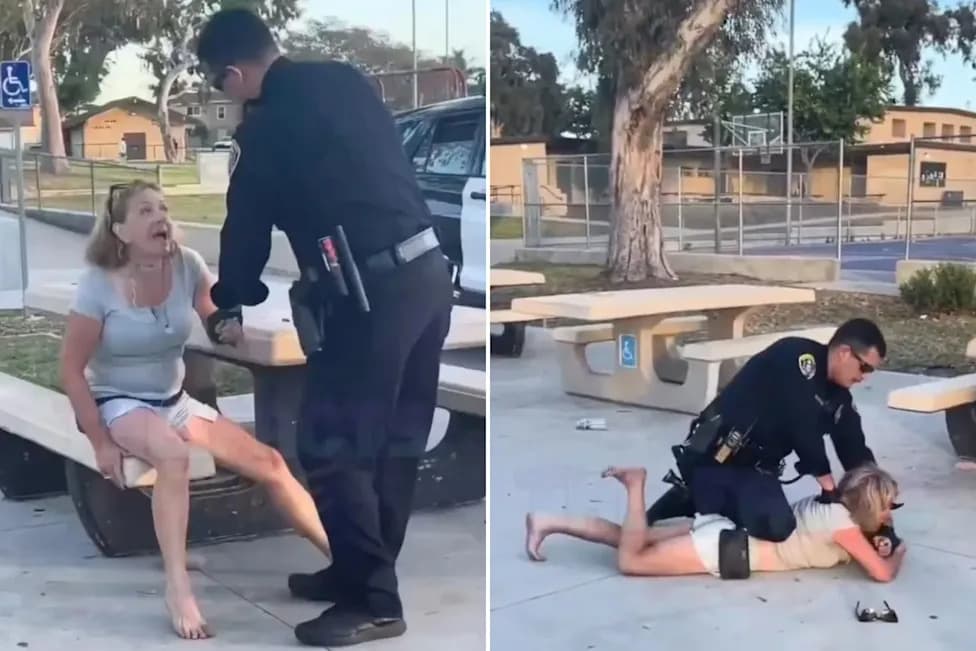 An image collage containing 2 images, Image 1 shows A police officer detains a woman on a park bench, Image 2 shows Police officer subduing a woman on the ground