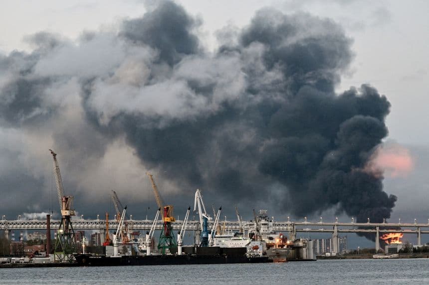 Smoke rises above the city following an air attack on the oil terminal in Saint Petersburg, Russia, on October 18, 2026