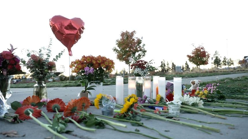 A makeshift memorial is seen outside of Silver Rail Elementary School in Bend, Oregon, on Friday.