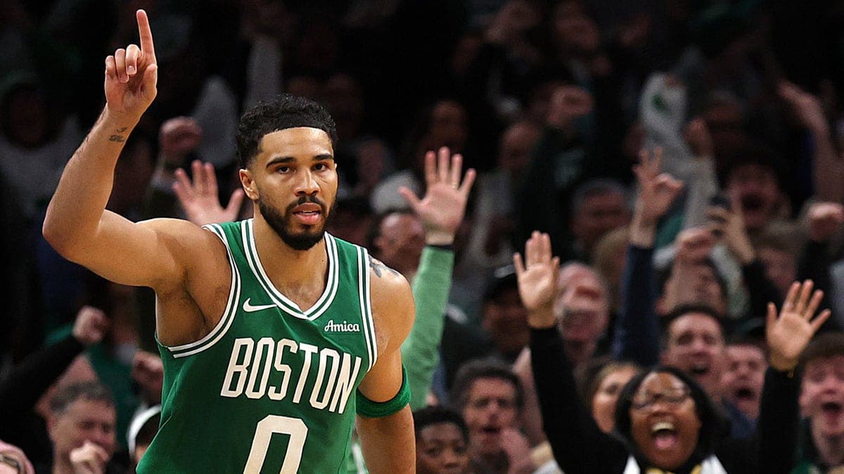 Jayson Tatum reacts during a game