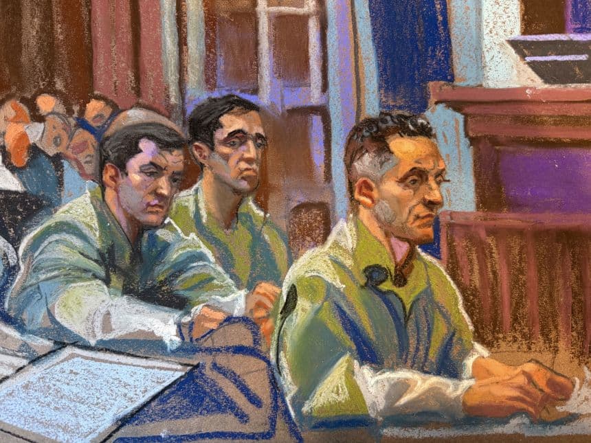 Alon, Tal and Oren Alexander, seen in this courtroom sketch, were each sentenced to 30 years in prison Tuesday for sex trafficking and other federal crimes.