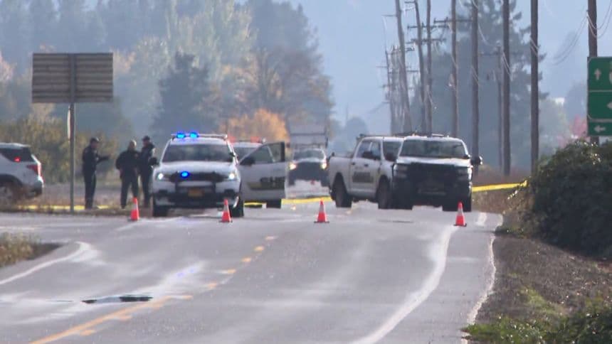 Law enforcement seen near McMinnville Municipal Airpor on October 29, 2026. Three people aboard two helicopters are dead after they were involved in a midair collision Thursday afternoon, according to the Federal Aviation Administration.